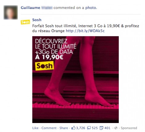 Capture d'écran de la publicité Sosh sur Facebook