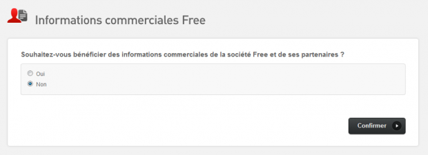 Capture d'écran des préférences de réception de sollicitations commerciales, Free.fr