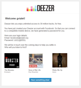 Capture d'écran de l'e-mail d'inscription automatique à Deezer